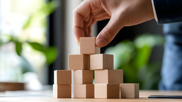A hand stacking wooden blocks into a pyramid shape on a table with plants in the background. Concept Wooden Block Stacking, Creative Play, Pyramid Structure, Nature-Inspired Focus