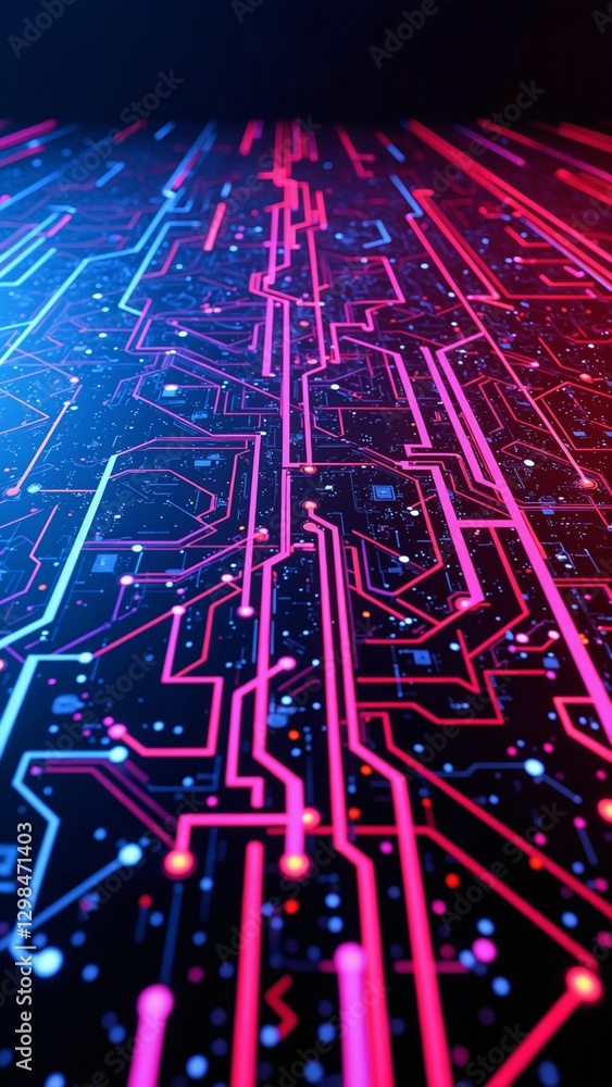 Aufkleber abstract digital lines and circuits in bright neon colors against a dark background, suggesting inno