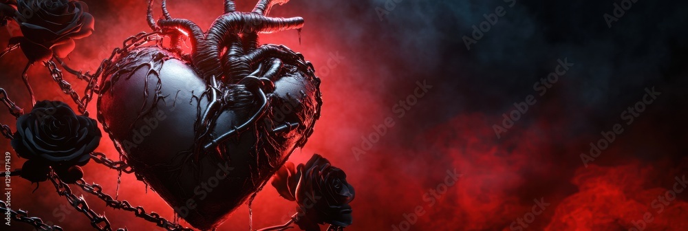 Aufkleber artistic representation of a dark heart entwined with chains and roses in a mysterious smoky environ