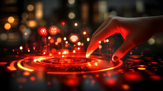 Human hand interacting with digital data using futuristic interface