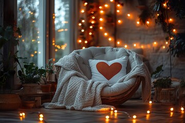 A minimalist setting with a heart-emblazoned blanket draped over a comfy chair, surrounded by light strings.