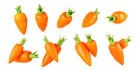 3d set of carrot in different angles. Orange vegetable with green leaf isolated on transparent background. Organic healthy food. Easter decoration, design elements Cartoon render icon. 3D illustration