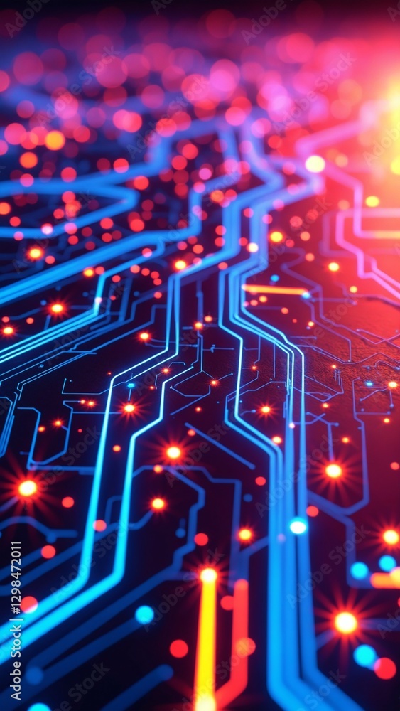Poster abstract digital lines and circuits in bright neon colors against a dark background, suggesting inno