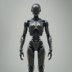 Fototapeta premium Female Cyborg Robot Futuristic Android Grey Metal Body Orange Accents AI Science Fiction