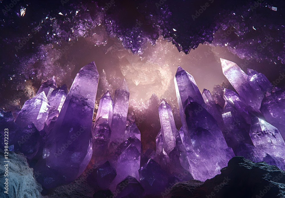 Poster an immersive view of an amethyst cave, with its deep purple hues reflecting the ambient light, creat