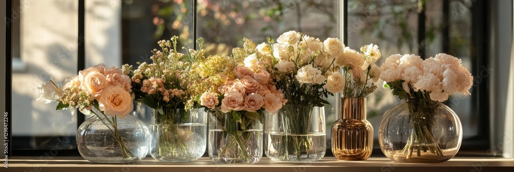 Aufkleber beautiful arrangement of fresh flowers in clear vases on a sunny window sill during afternoon. gener