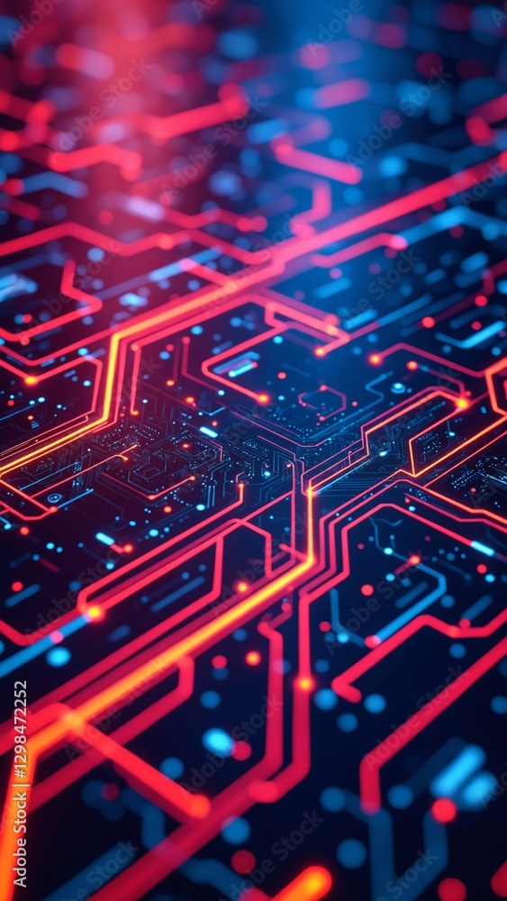 Poster abstract digital lines and circuits in bright neon colors against a dark background, suggesting inno