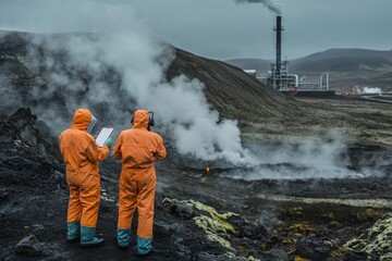 Obraz premium Two scientists in protective suits assess geothermal plant emissions near a volcanic landscape.