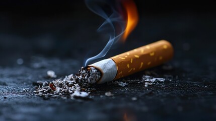 Close-up of a burning cigarette with smoke and ashes
