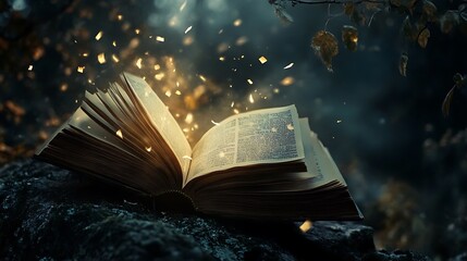 Fototapeta premium Open Book with Glowing Light Sparkles on a Rocky Surface