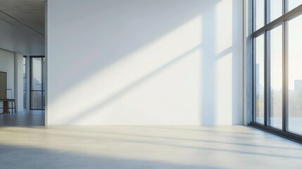 Obraz premium Empty modern interior, minimalist architecture, large windows, sunlight streaming in, white walls, hardwood floors, bright and airy space, clean lines, open floor plan, contemporary design