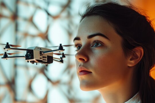 A young woman gazes intently as a small drone hovers nearby, showcasing futuristic technology.