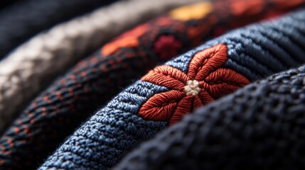 close-up of embroidered fabric with floral design.