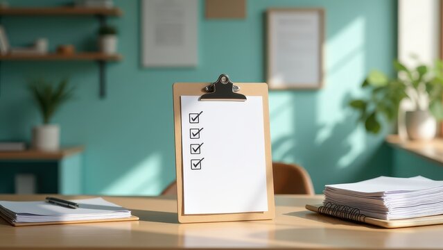 Interview checklist, A minimalist office desk with an interview checklist teal tones bright lights bokeh backdrop modern feel crisp details
