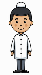 Fototapeta premium Acupuncturist cartoon character smiling in traditional attire