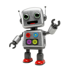 A cheerful, cartoonish, vintage-style robot, rendered in a 3D model
