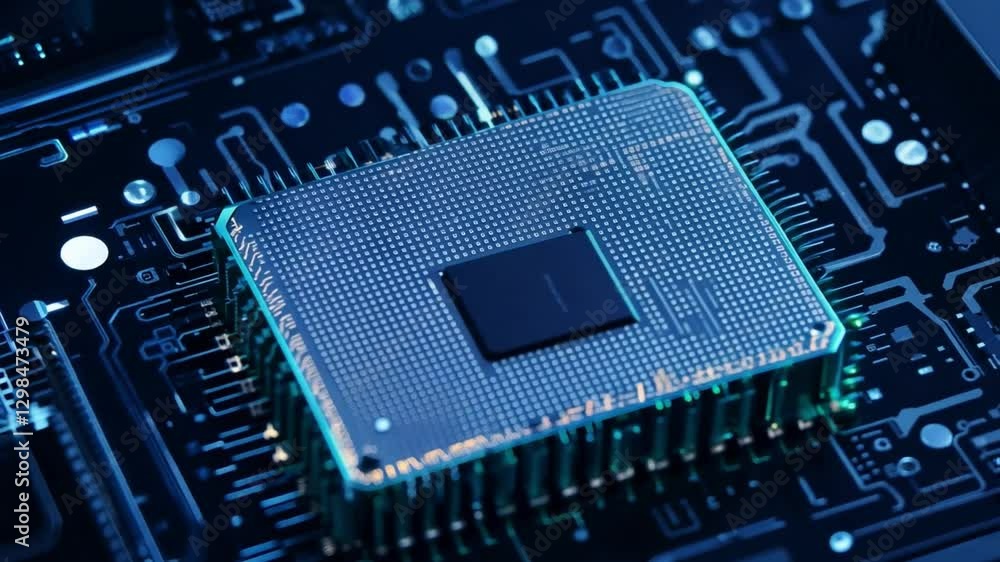Poster the heart of technology: an extreme close-up of a computer processor, showcasing intricate circuits 