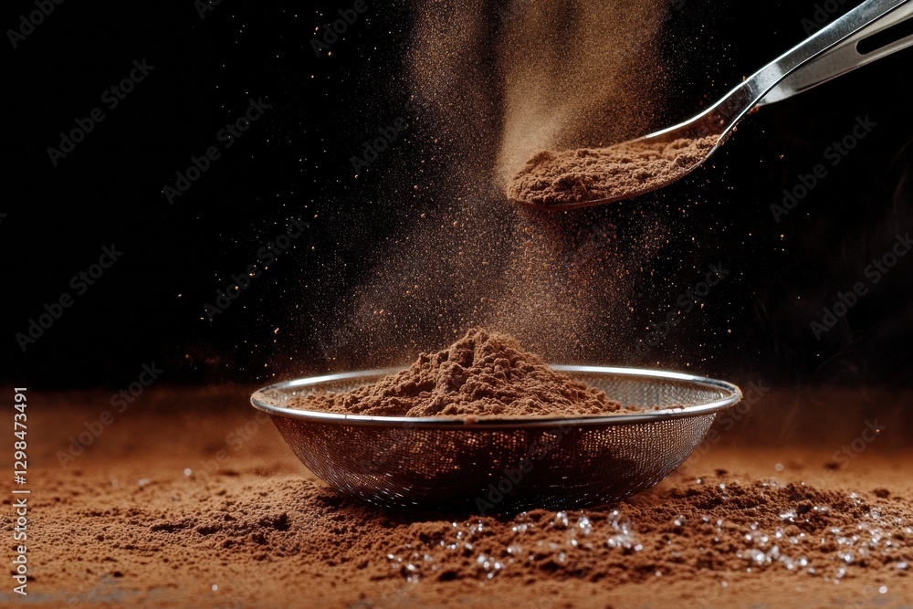 Aufkleber dark cocoa powder being sifted through a fine mesh strainer in a kitchen setting. generative ai