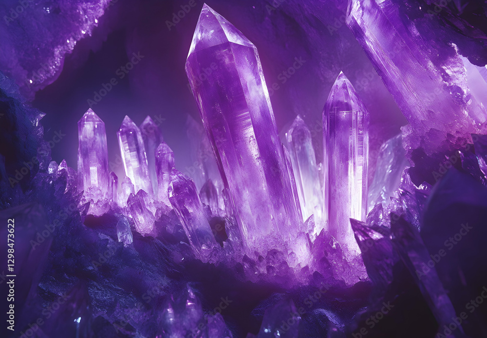 Aufkleber an immersive view of an amethyst cave, with its deep purple hues reflecting the ambient light, creat