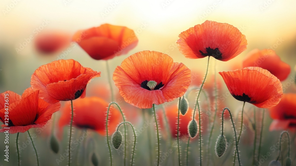 Poster a vibrant field of red poppies swaying gently in the breeze, illuminated by soft sunlight, creating 