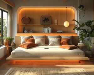 A minimalistic smart bed with adjustable firmness and built-in climate control features, set in a cozy bedroom.