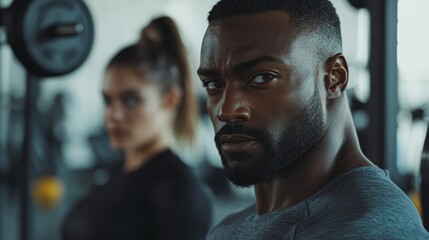 Fototapeta premium Two dedicated athletes engage in a challenging workout session in a contemporary gym. The man showcases intense concentration while lifting weights, highlighting determination and strength