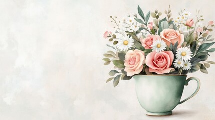 Obraz premium A delicate arrangement of pink roses and white daisies in a pastel green cup against a soft, light background.