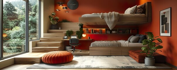 A modern bedroom with a lofted bed, underneath storage, and a pull-out desk to save space in a compact living area.