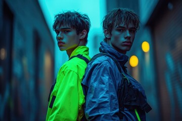 Obraz premium Two stylish young men, backs together, stand in a dimly lit urban alleyway, showcasing vibrant outerwear.