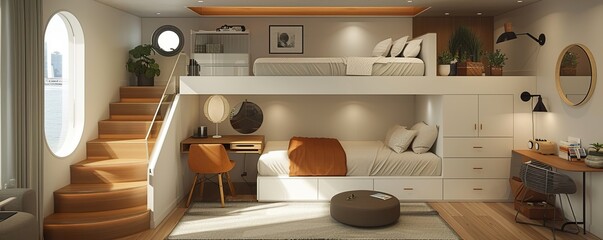 A modern bedroom with a lofted bed, underneath storage, and a pull-out desk to save space in a compact living area.
