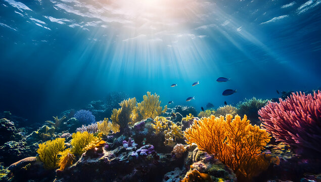 A beautiful underwater scene of coral reefs and fish, with sunlight filtering through the water's surface, creating an enchanting atmosphere