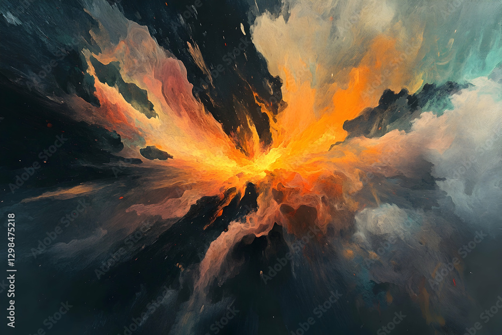 Poster an abstract digital painting of an explosion, with vibrant colors and fluid shapes creating dynamic 