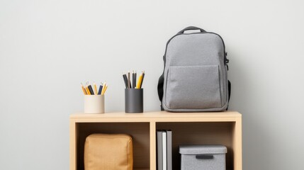 Backpack and pencils on a wooden shelf.