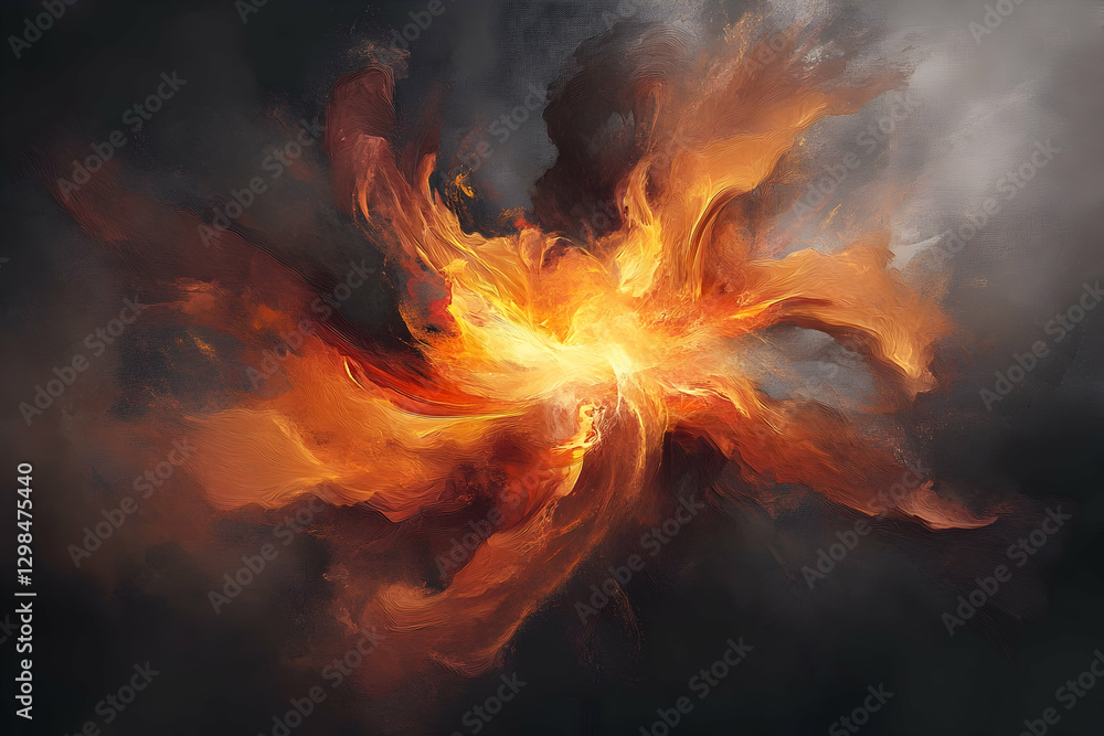 Poster an abstract digital painting of an explosion, with vibrant colors and fluid shapes creating dynamic 