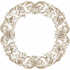 Elegant, round lace frame vector illustration with intricate floral patterns, in a beige and brown color palette,