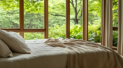 Fototapeta premium Cozy bedroom, floor-to-ceiling windows, lush green forest view, natural light, wooden frame windows, neutral bedding, peaceful atmosphere, minimalist interior, serene retreat, summer cabin feel