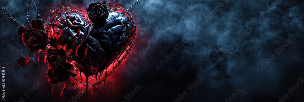 Poster dark heart with roses and chains surrounded by mist in a haunting atmosphere. generative ai