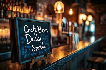 Craft beer bar with daily specials on chalkboard sign.