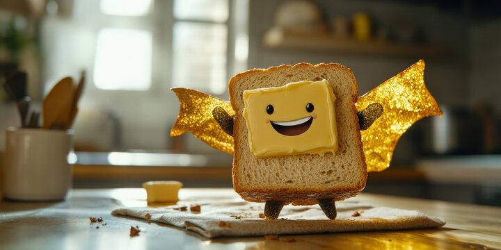 Cheerful buttered toast superhero standing on kitchen table