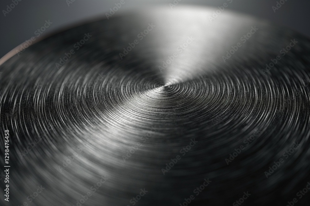 Poster close-up of a polished metal surface with intricate circular patterns, showcasing a sleek and modern