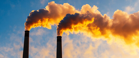 Factory smokestacks releasing thick smoke into the sky during sunset, symbolizing pollution, industrialization, and environmental concerns.