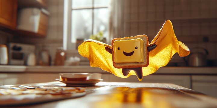 Happy buttered toast flying with a cape in a kitchen