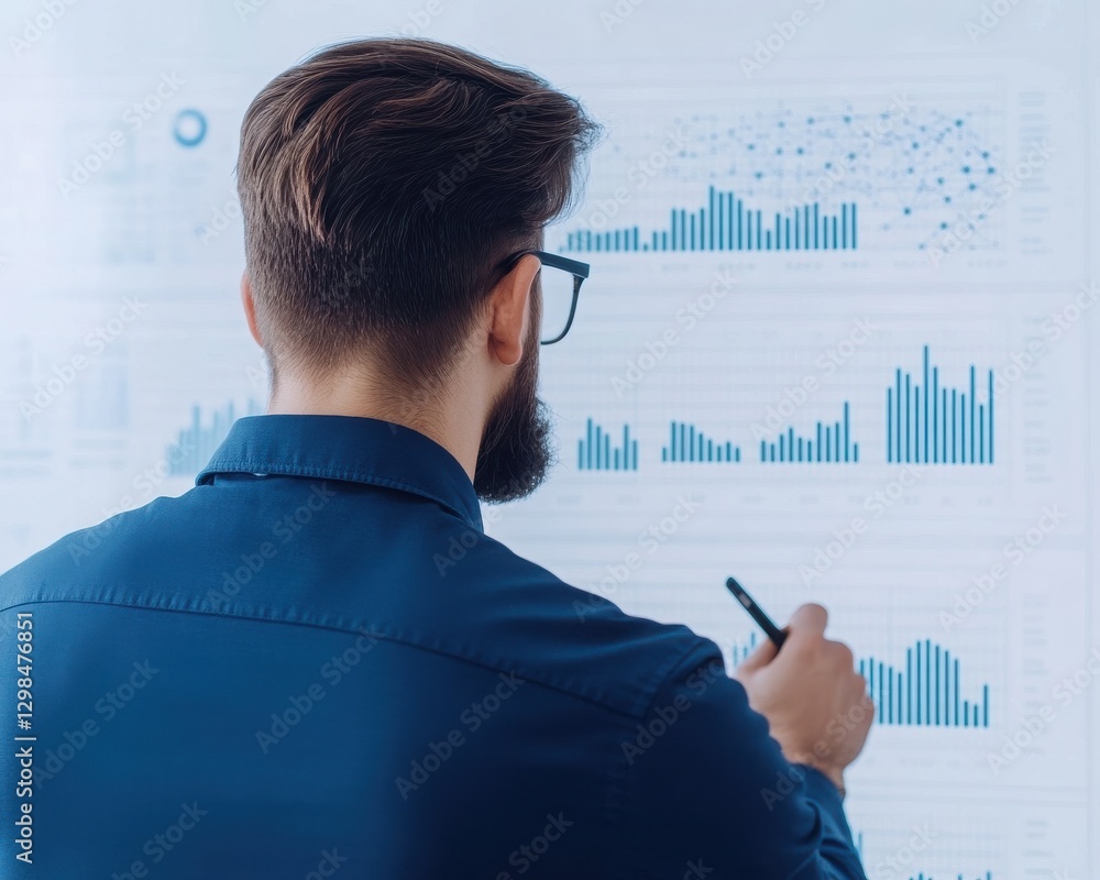 Poster a business professional analyzing data trends on a digital screen, showcasing statistics and graphs 