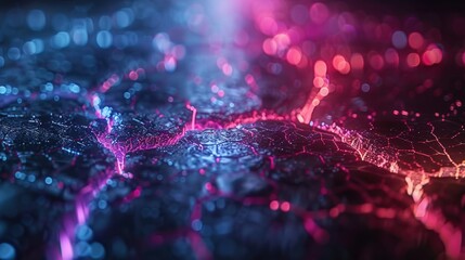 Abstract glowing cracks, vibrant digital map in dark space