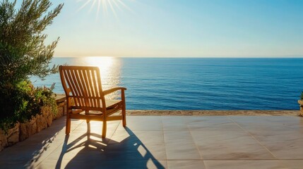 Fototapeta premium Serene coastal scene, wooden deck chair, ocean view, sunrise, calm water, blue sky, wooden patio, tranquil atmosphere, Mediterranean setting, rustic charm, golden sunlight, peaceful retreat
