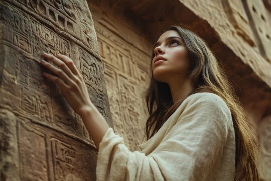 A young woman touches ancient hieroglyphs on a weathered stone wall, captivated by history and mystery.