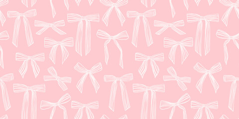 Pink Background with White Bows. Cute Seamless Vector Pattern