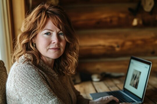 A woman with reddish-brown hair sits at a wooden table working on her laptop.