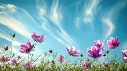 Vibrant cosmos flowers, Low angle view, Soft focus, Dreamy atmosphere, Wispy cirrus clouds, Brilliant blue sky, Sunlit petals, Delicate stems, Wildflower meadow, Summer day, Ethereal landscape