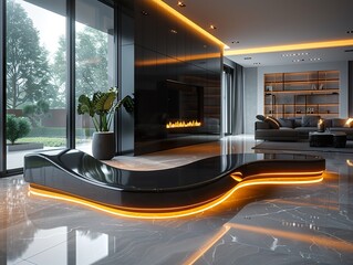 A modern, high-gloss black cabinet in a spacious living room with subtle lighting highlighting its smooth finish and elegant silhouette.